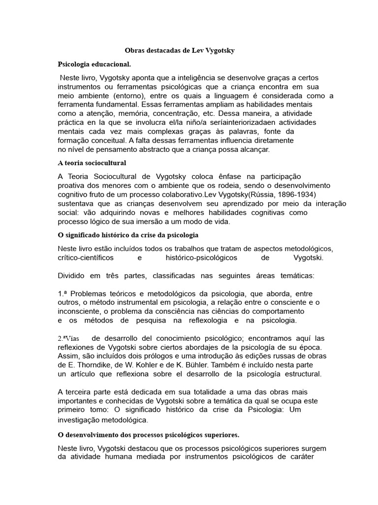 Obras e Teorias de Lev Vygotsky | PDF | Psicologia | Aprendizado