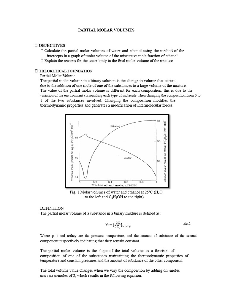 Partial Molar Volumes of Water and Ethanol | PDF | Mole (Unit ...