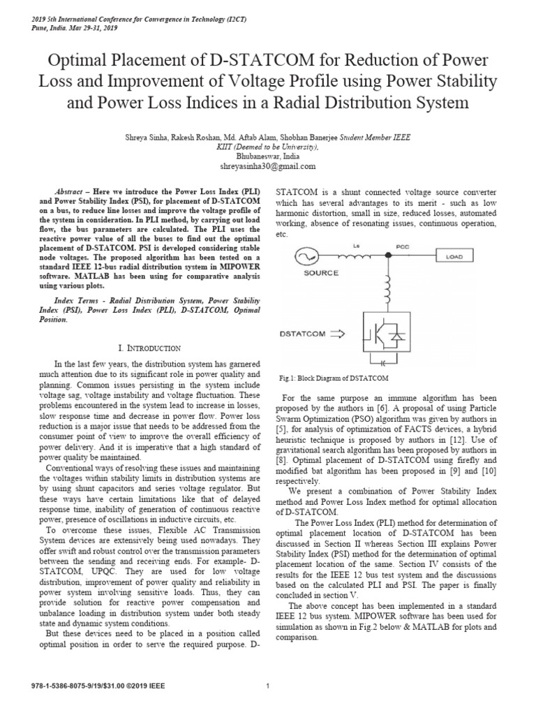 D-STATCOM Placement for Power Loss Reduction | PDF | Bus | Power (Physics)