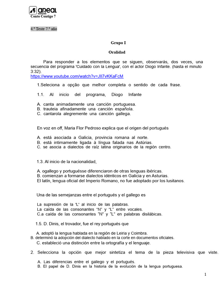 Ae CC7 4teste 7 Año Mar 2019 | PDF | Lengua portuguesa | Poesía