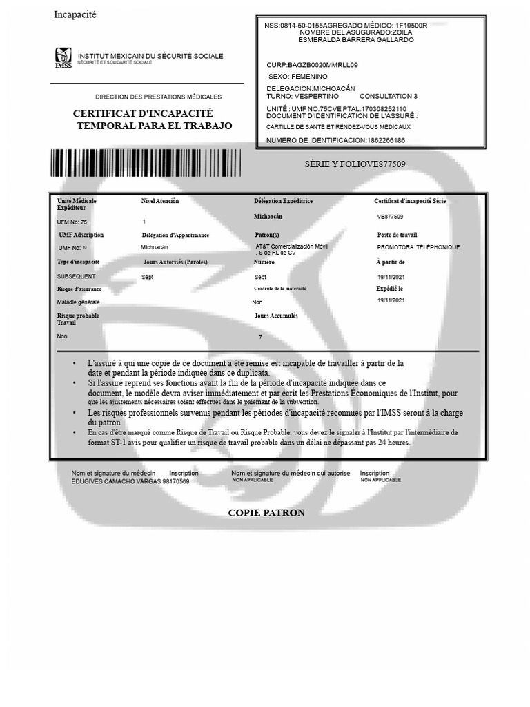 Certificat d'incapacité de travail IMSS | PDF
