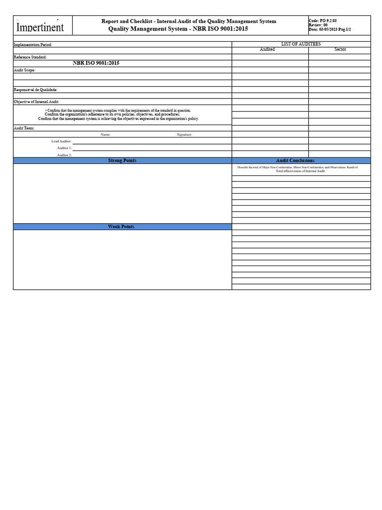 Internal Audit Checklist for ISO 9001:2015 | PDF | Quality Management ...