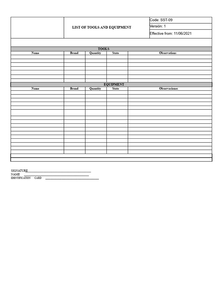 List Format of Tools and Equipment | PDF