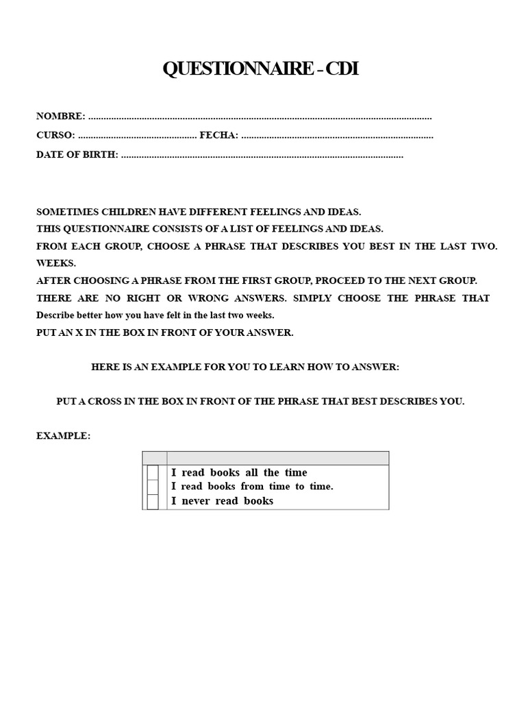 CDI Feelings and Ideas Questionnaire | PDF