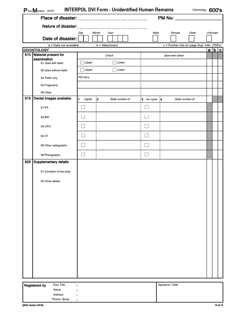 INTERPOL DVI Form for Unidentified Remains | PDF | Dentistry | Medical ...