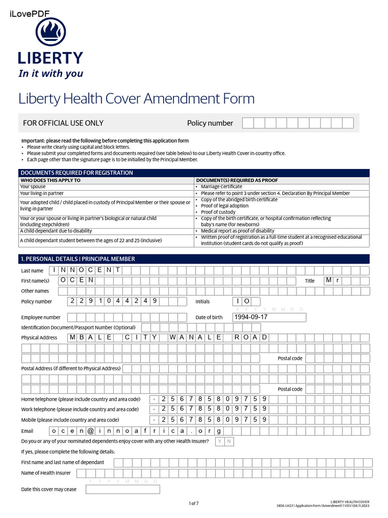 Liberty Health Cover Amendment Form | PDF | Sexually Transmitted ...