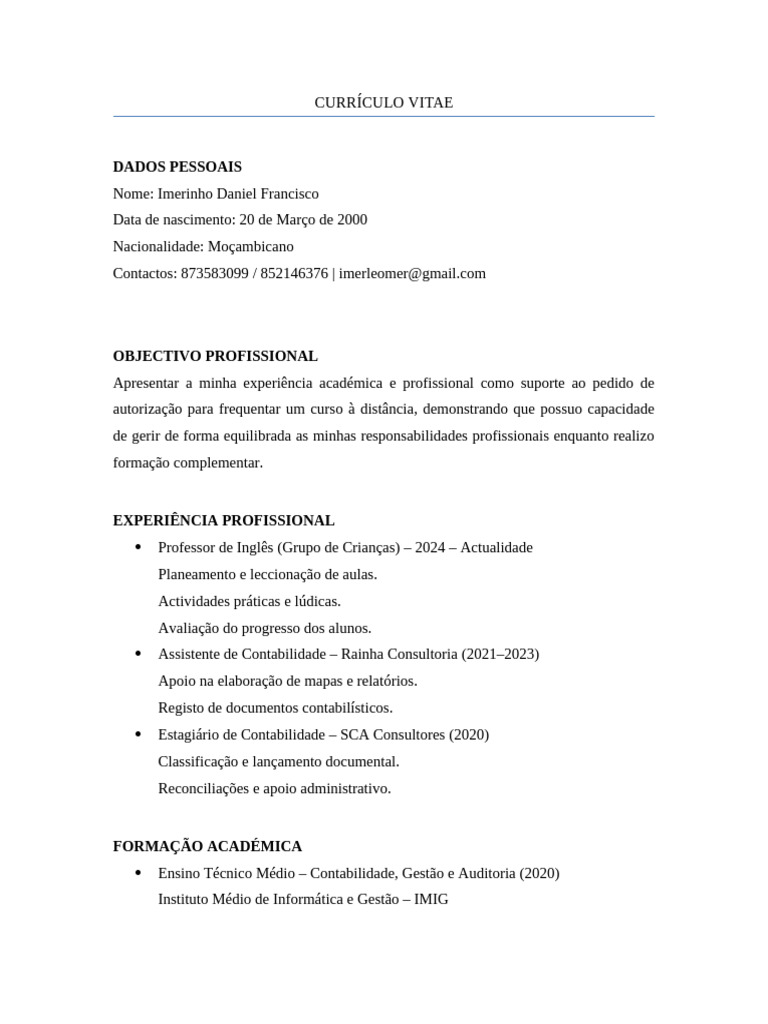 CV Moderno Imerinho Daniel | PDF