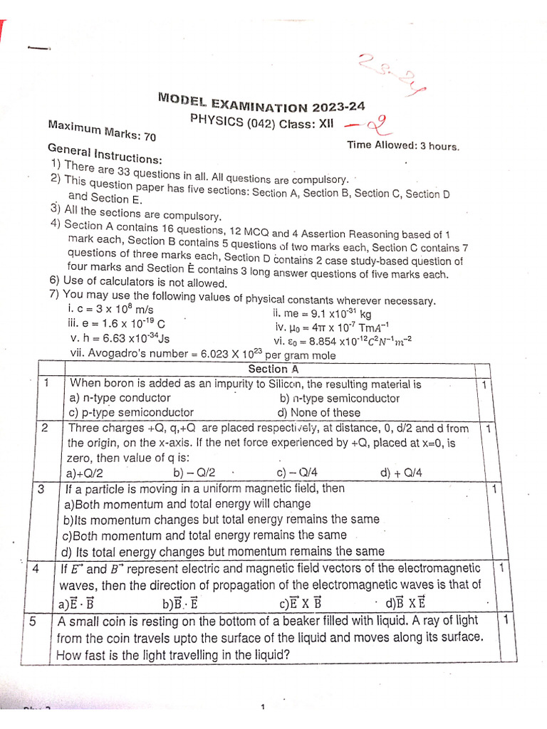 Physics Model Examination 2 Question Paper | PDF