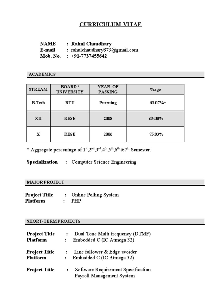 RTU B.Tech CV of Rahul Chaudhary | PDF