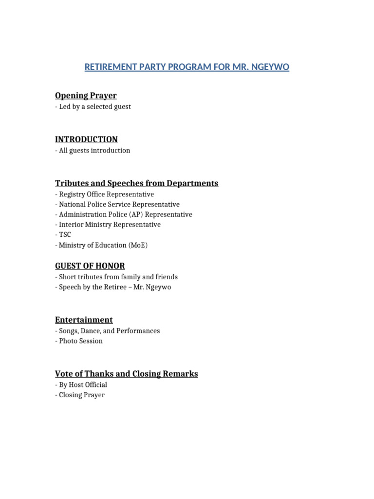 Retirement Party Program MR Ngeywo NoTime | PDF
