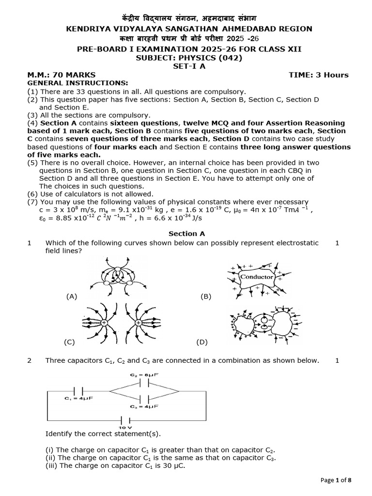 Class XII Physics Pre-Board Exam 2025-26 | PDF | Wavelength | Diffraction