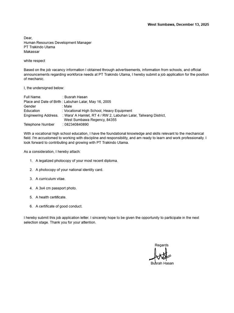 Job Application for Mechanic Position | PDF