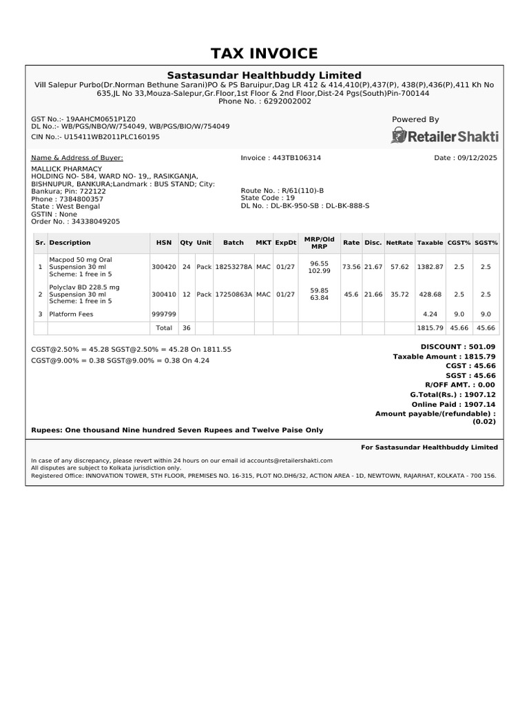 Tax Invoice for Mallick Pharmacy Purchase | PDF | Governance | Government