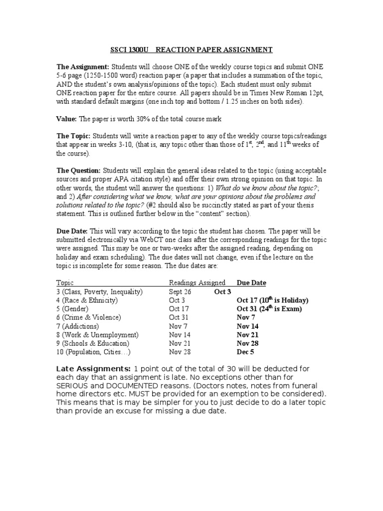 Ssci 1300ureaction Paper Assignment Citation Paragraph