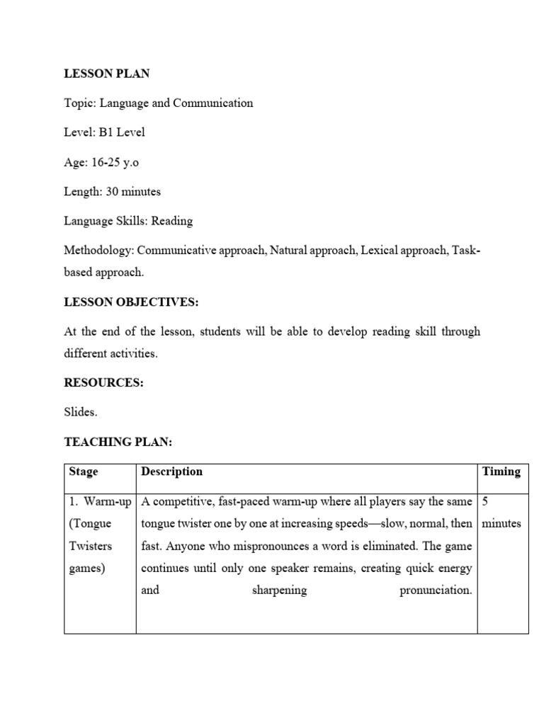 B1 Reading Skills Lesson Plan | PDF | Human Communication | Learning