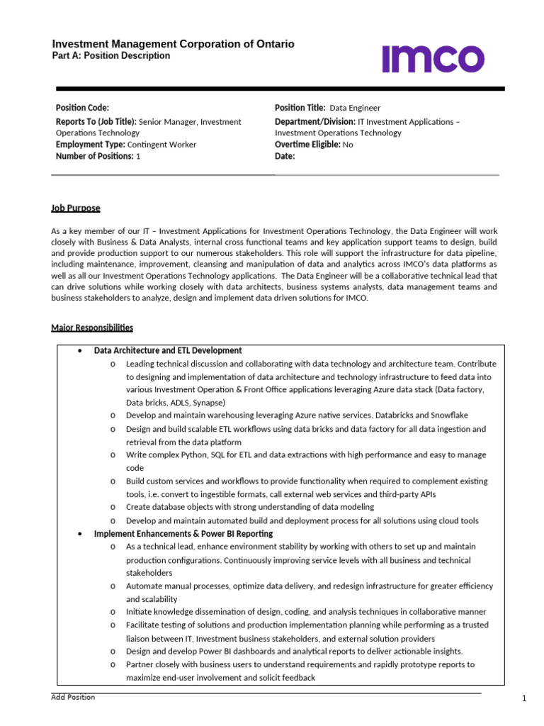 Data Engineer Job Description at IMCO | PDF | Databases | Microsoft Azure