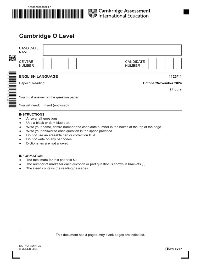 Cambridge O Level English Reading Exam | PDF