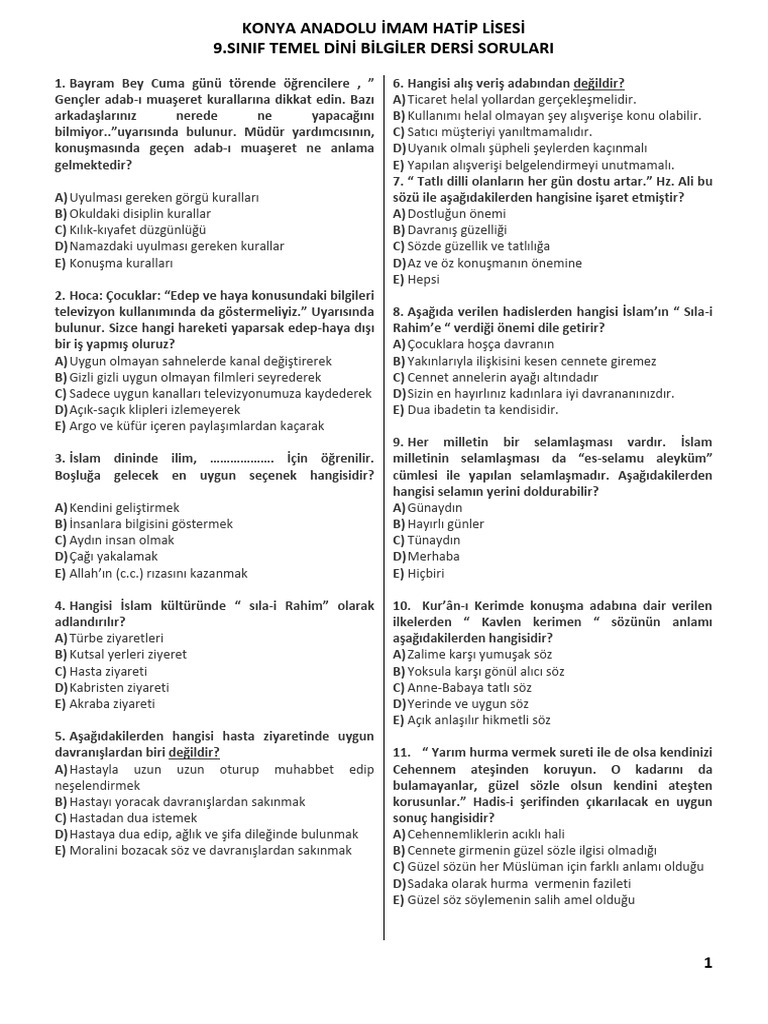 Temel Dini Bilgiler Test Sorular PDF — free download