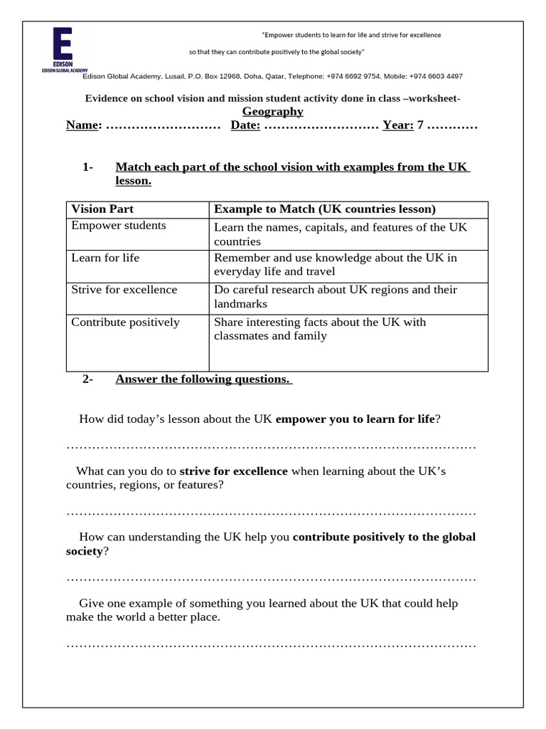 Worksheet Year 7 -Vision and Mission- 1760793552064 | PDF
