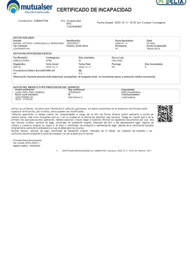 Certificado de Incapacidad 6080647346 | PDF