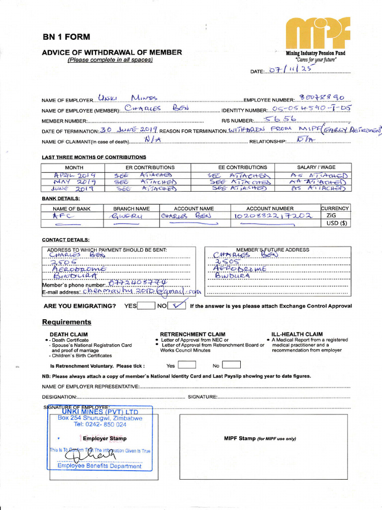 BN 1 Form: Employee Withdrawal Claim | PDF