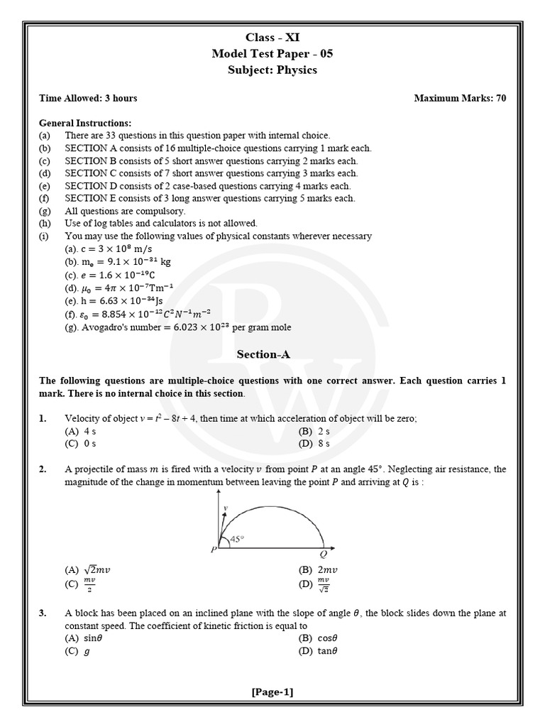 Class XI Physics Model Test Paper 05 | PDF | Force | Thermal Expansion