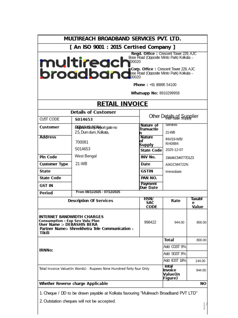 Retail Invoice for Internet Services | PDF | Payments