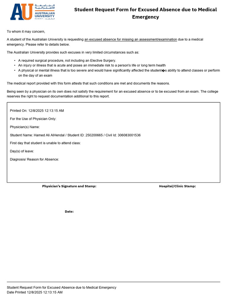 Excused Absence Request for Medical Emergency | PDF