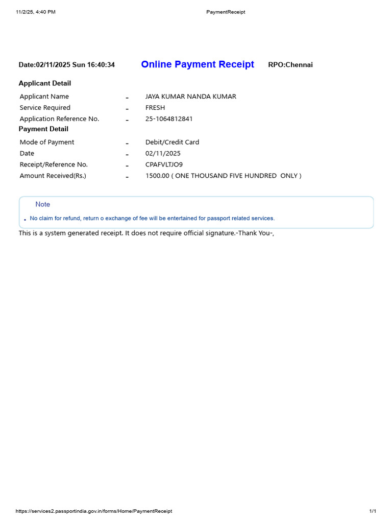 Online Payment Receipt for Passport Service | PDF