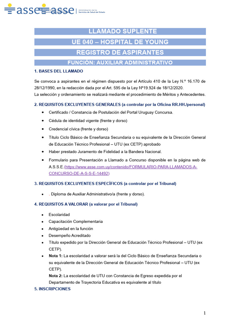 Llamado-Bases Ue 040 Suplente Aux Administrativo | PDF