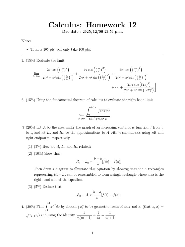 Calculus Homework 12: Limits & Integrals | PDF | Discrete Mathematics ...
