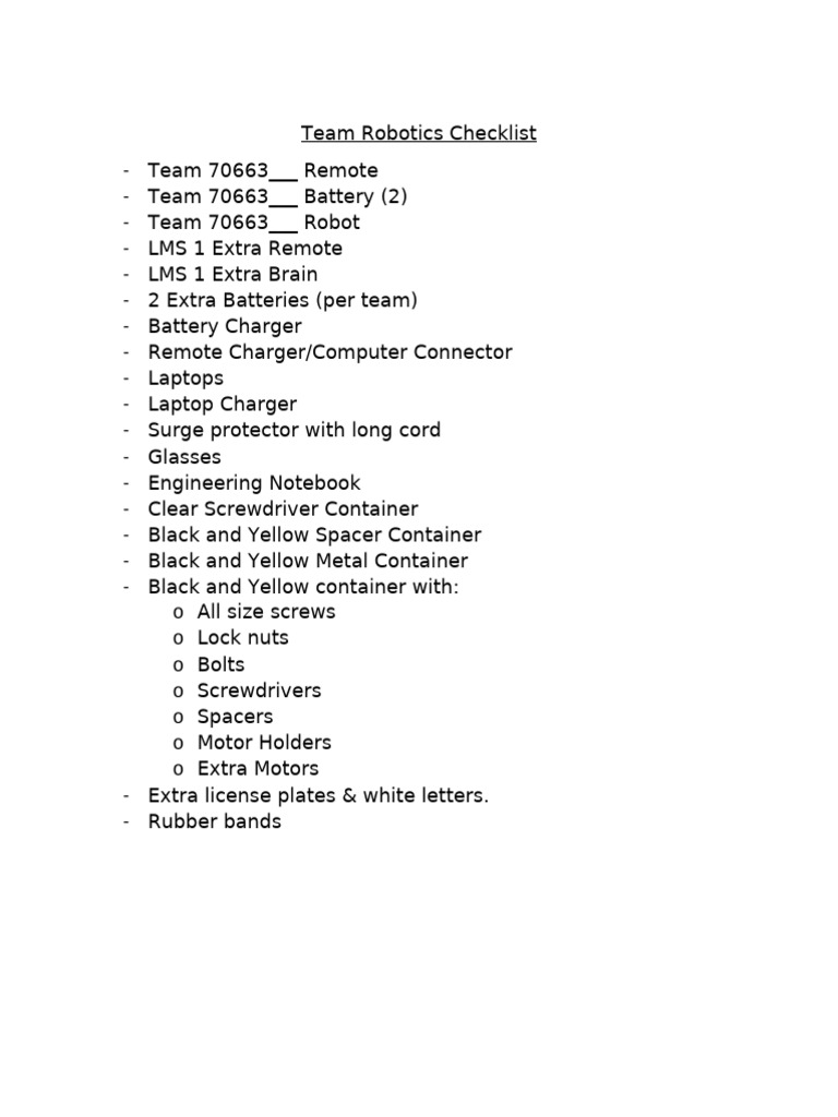 Robotics Team Equipment Checklist | PDF