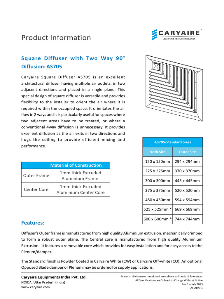 Square Diffuser Series AS705 | PDF | Extrusion | Building Materials