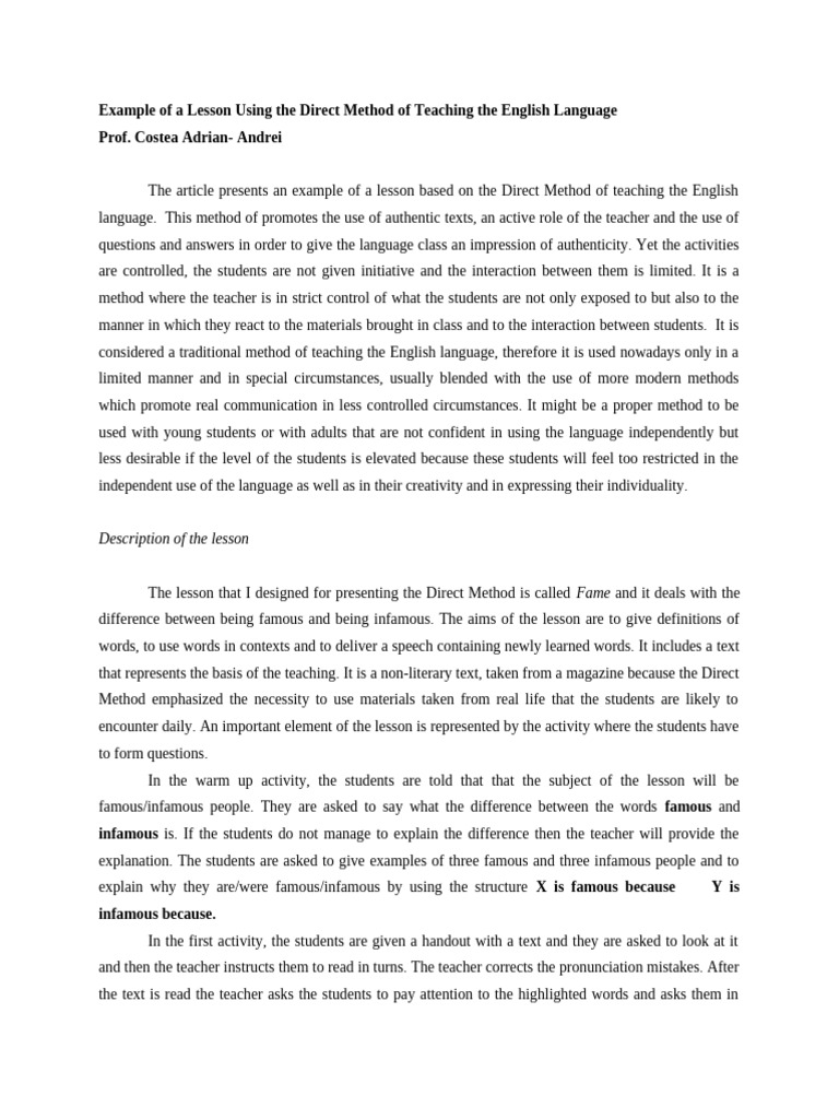 Example of A Lesson Using The Direct Method of Teaching The English ...