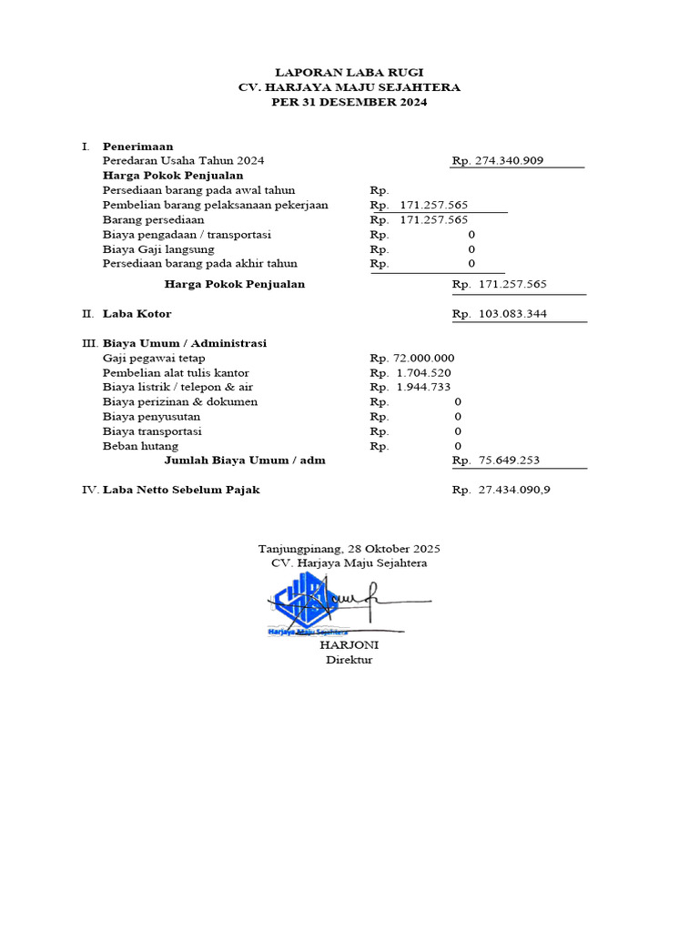 Laporan Keuangan CV Harjaya 2024 | PDF
