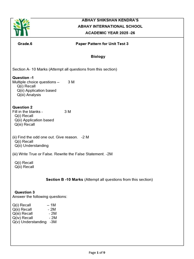 Grade 6 Unit Test 3 Paper Pattern | PDF | Multiple Choice