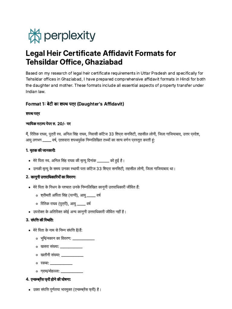 Legal Heir Certificate Affidavit Formats For Tehsi | PDF