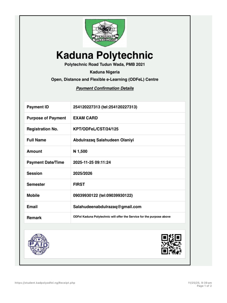 Kaduna Polytechnic Exam Card Payment Confirmation | PDF