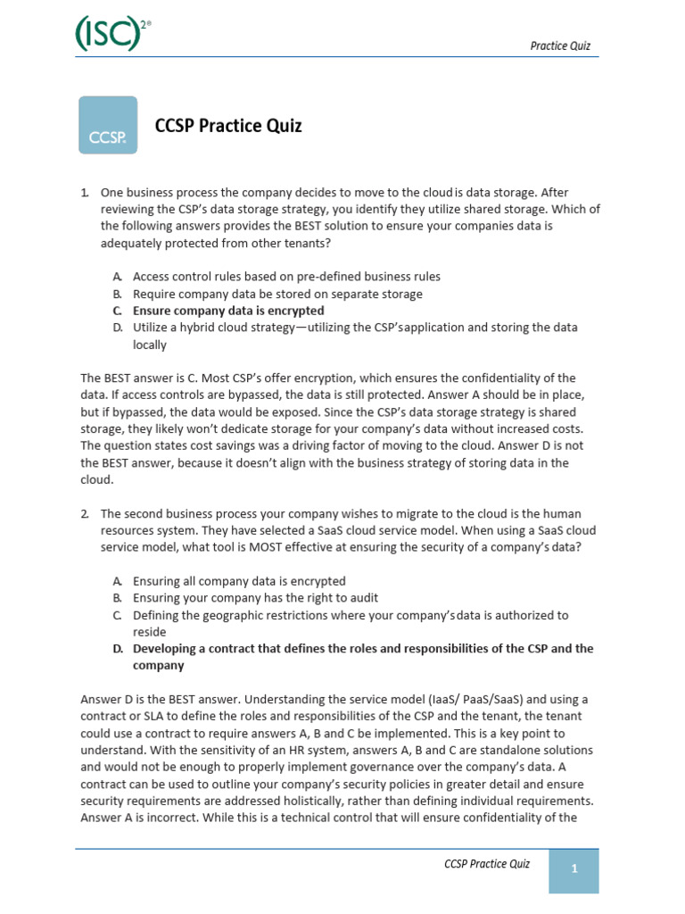 CCSP Practice Quiz for Cloud Security | PDF | Cloud Computing ...