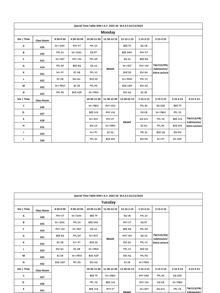 SEM-I 2025-26 Class Schedule | PDF