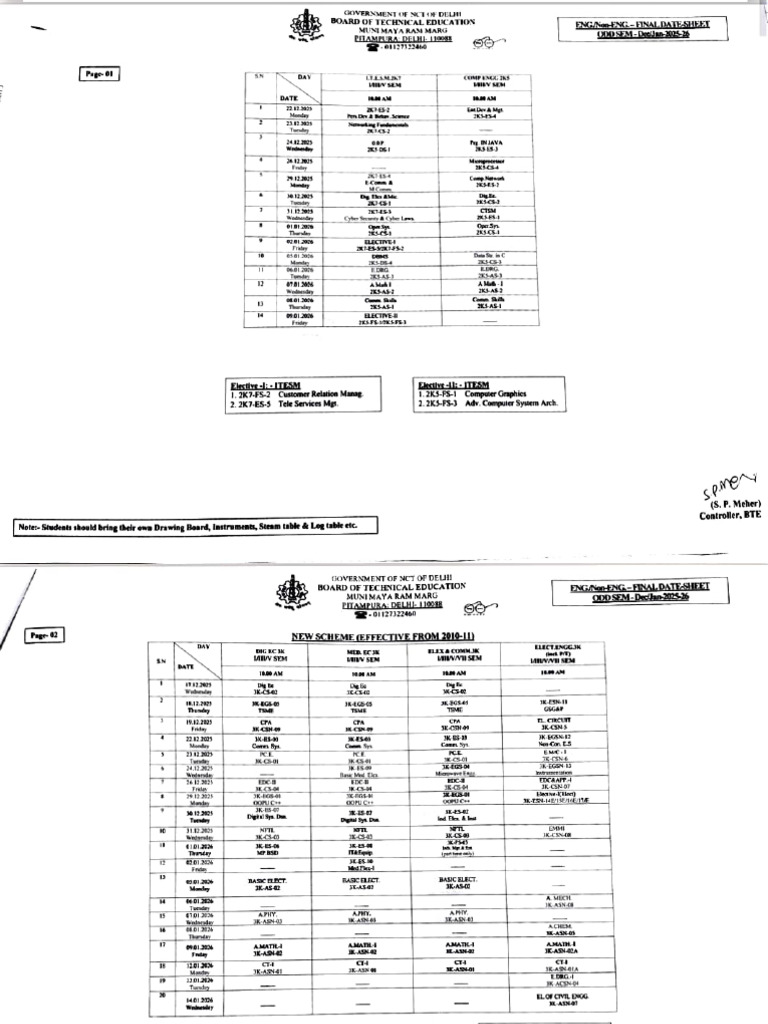 BTE Theory Exam Datesheet Dec-jan 2025 | PDF