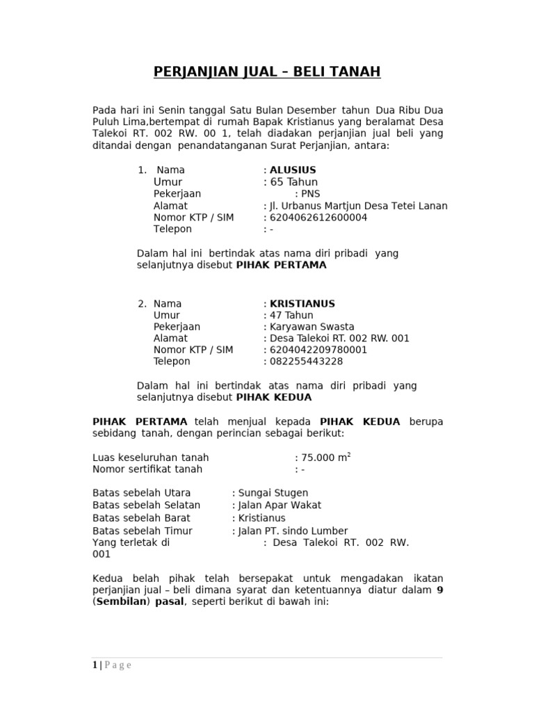 Perjanjian Jual Beli Tanah Talekoi | PDF