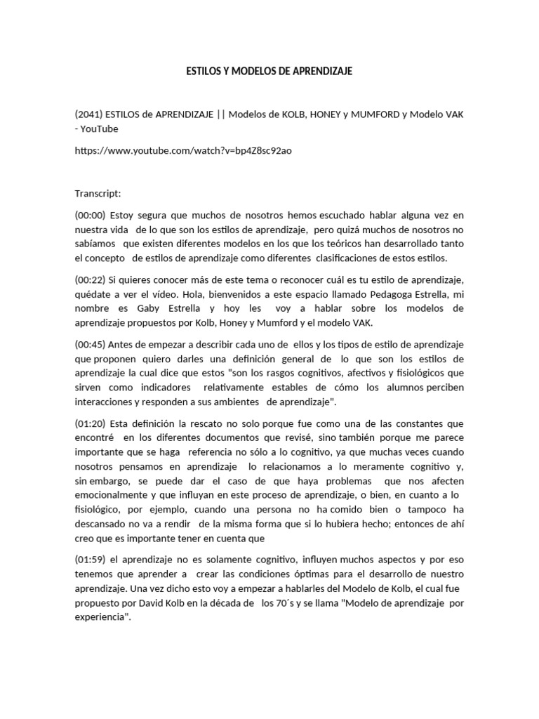 Estilos y Modelos de Aprendizaje Kolb | PDF | Aprendizaje | Aprendiendo ...