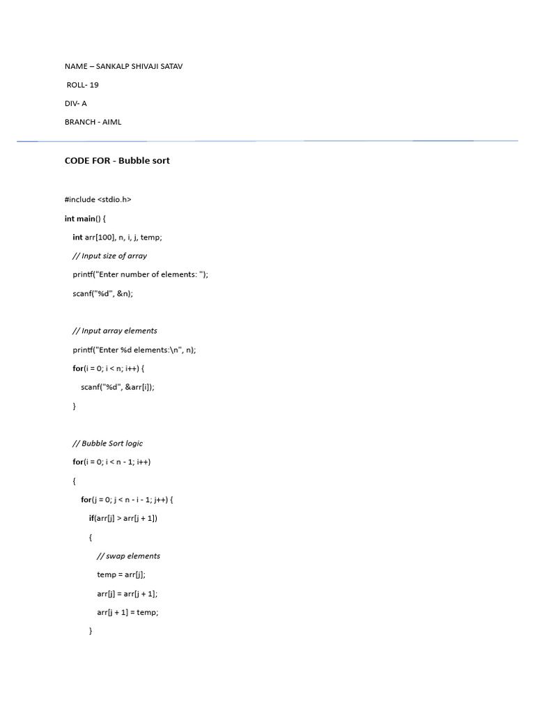 Bubble Sort Algorithm in C Code | PDF