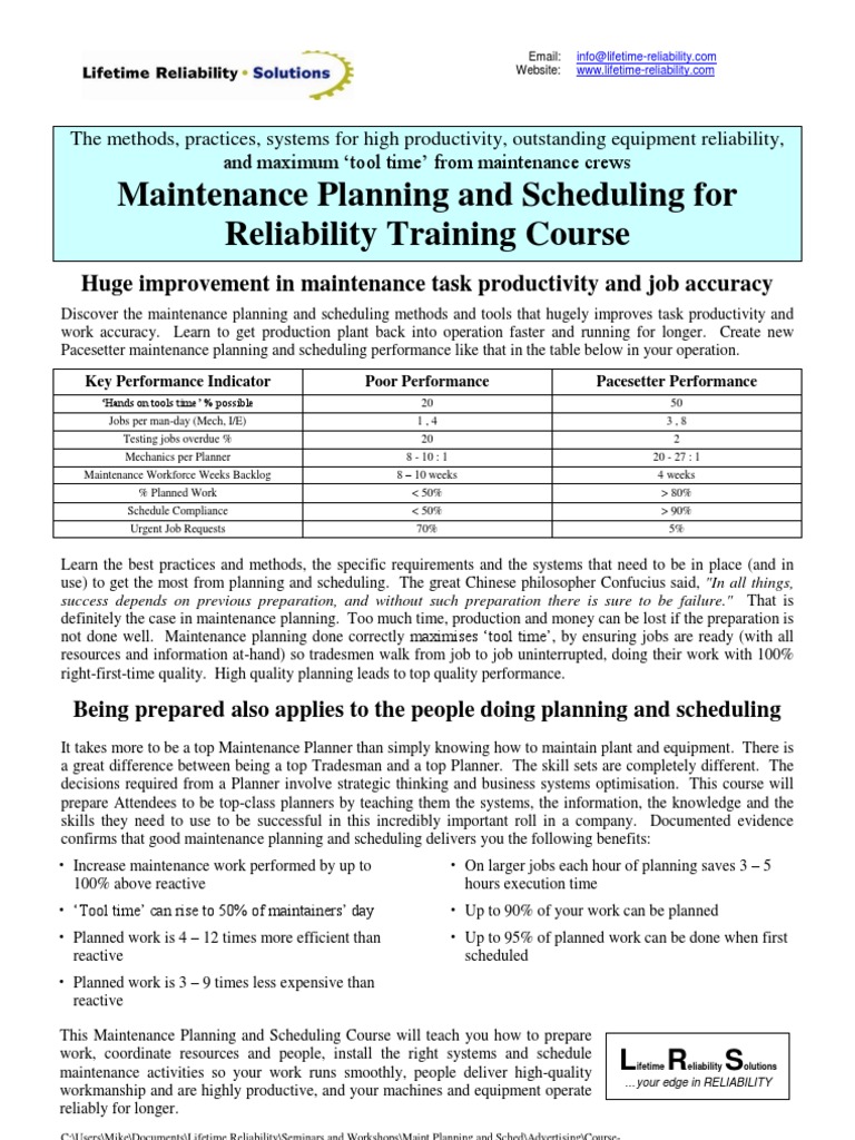 Maintenance Planning & Scheduling Course | PDF | Reliability ...