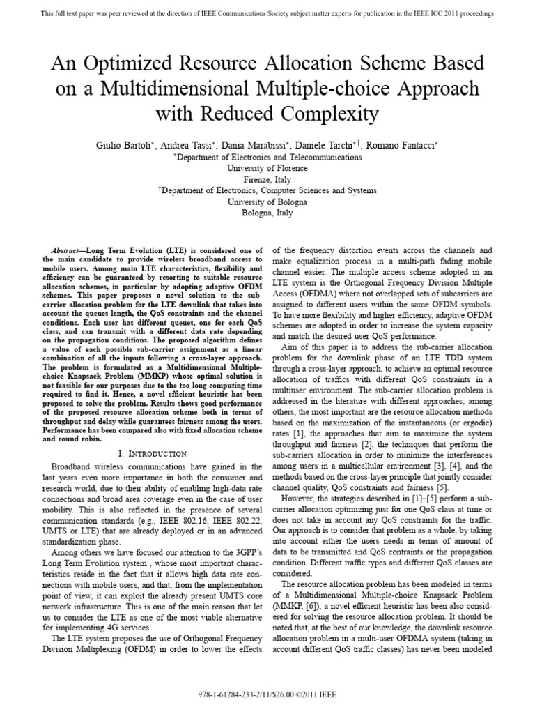 LTE Resource Allocation via MMKP Approach | PDF | Orthogonal Frequency ...