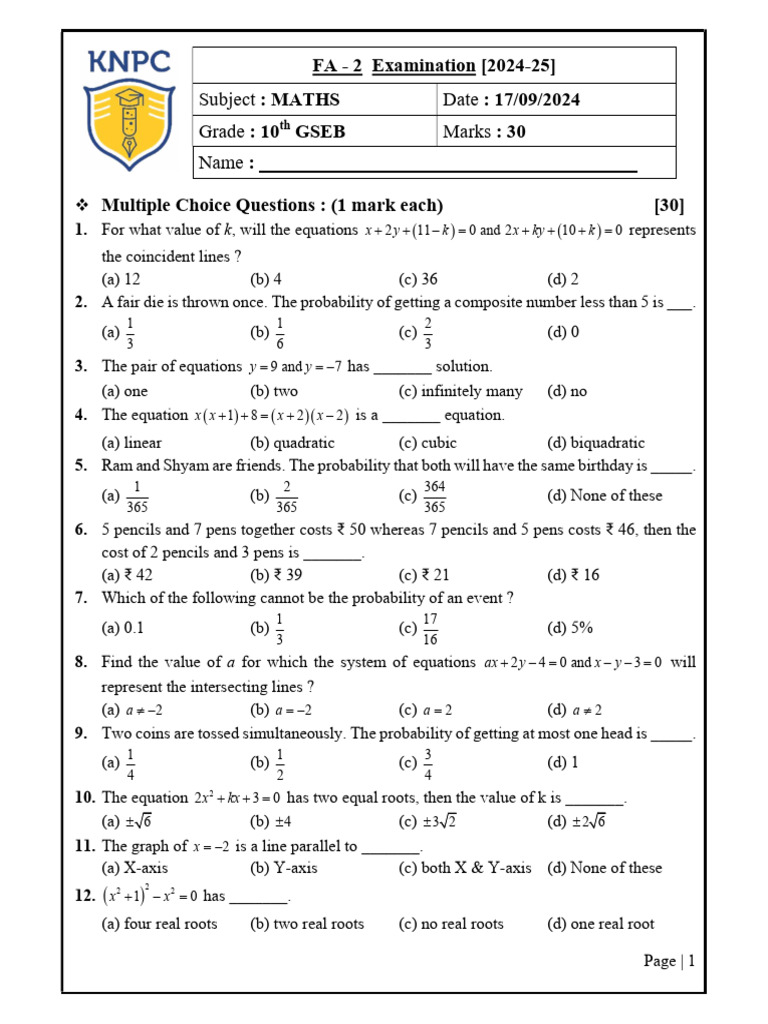 17.09.2024 - 10G - Maths - FA 2 | PDF | Equations | Mathematical Concepts