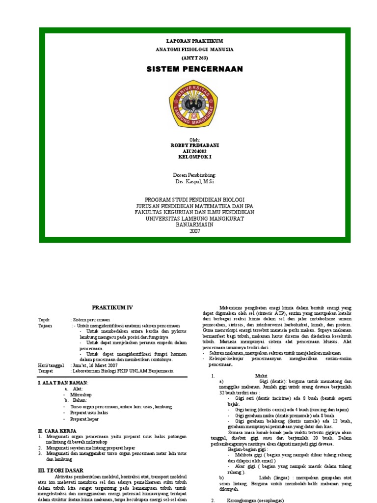 Laporan Praktikum Struktur Sistem Pencernaan Manusia Jurnal - IMAGESEE