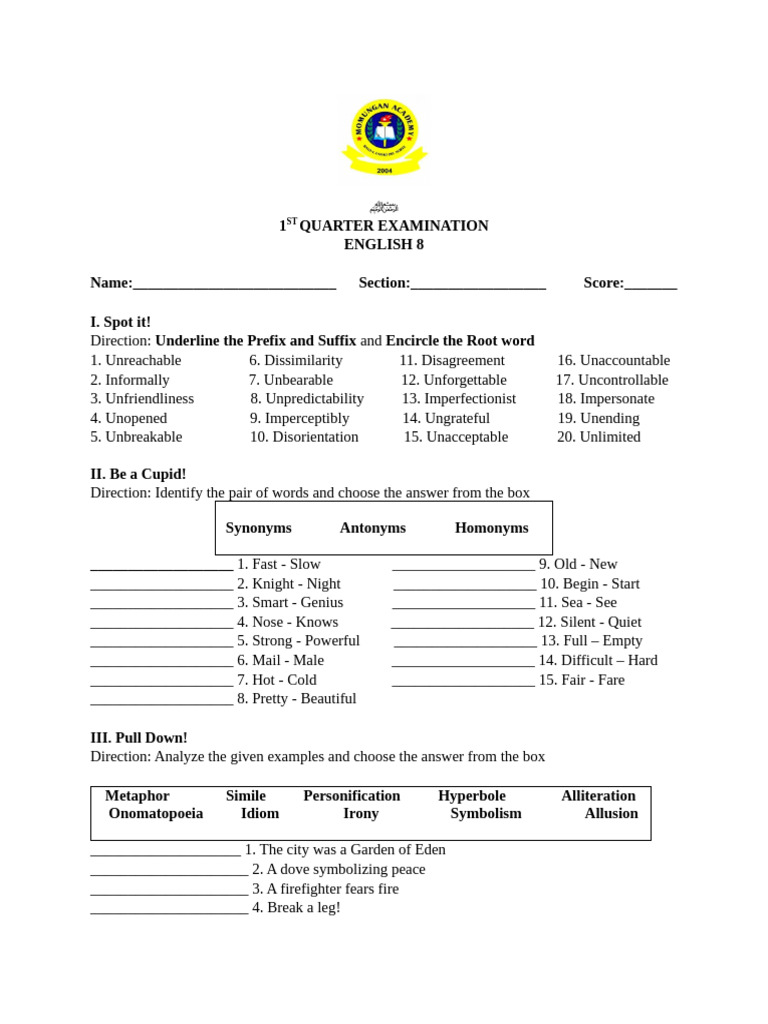 English 8 1st Quarter Exam Guide | PDF | Linguistics