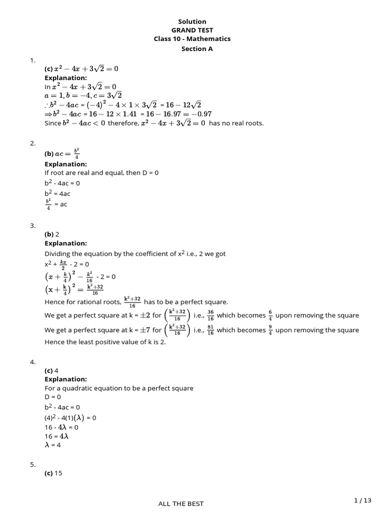Class 10 Mathematics Grand Test Solutions | PDF | Sphere | Area